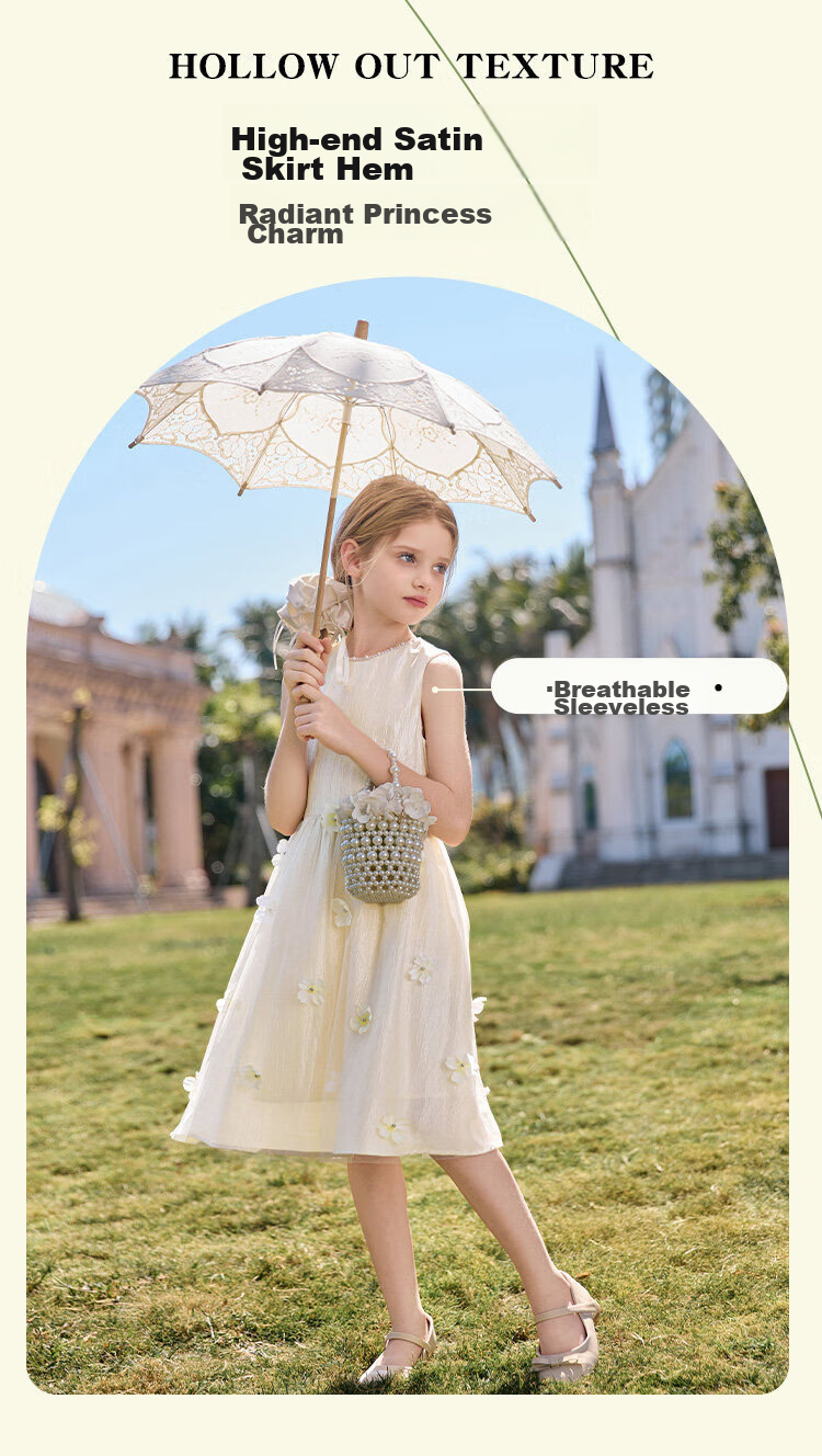 CHANZUIGOU Girls' French High-End Princess Dress 2026 Summer New Stylish Round Neck Floral Satin Dress 5